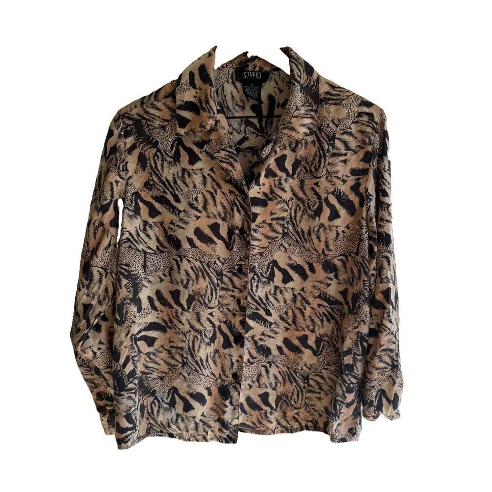 Vintage Studio 3000 Animal Print 100% Silk Blouse Womens Size M Mob Wife Tiger